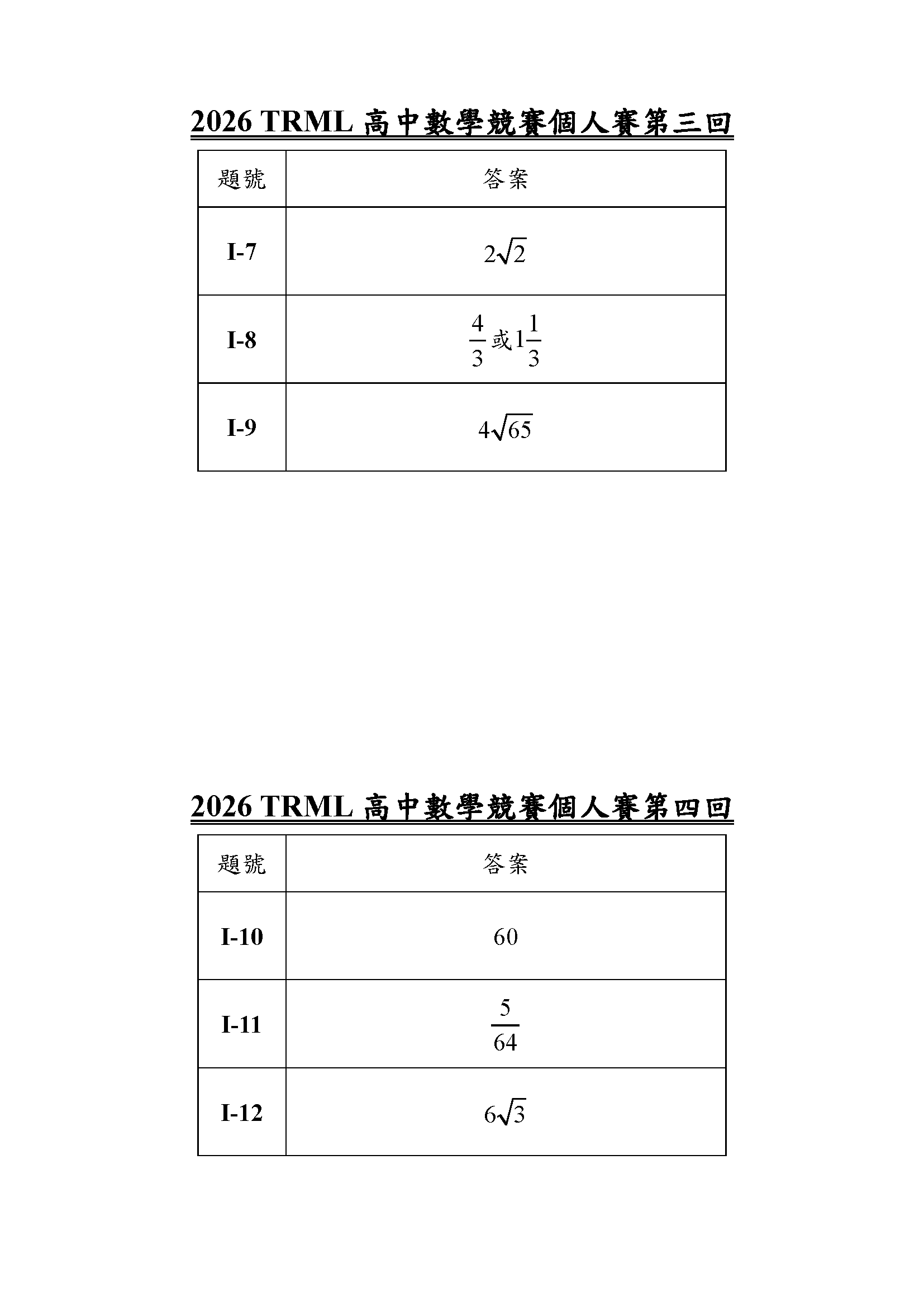 2026 TRML 高中數學競賽個人賽答案第二頁
